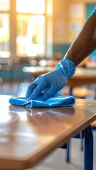 Person in blue gloves wipes a desk in a classroom, bright sunlight in background blurs details