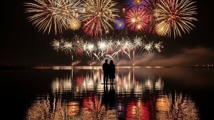 Romantic New Year 2026 Fireworks Reflection Scene
