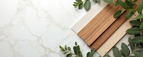 Samples of wood flooring and marble tiles with green leaves arranged on white marble. Interior design mood board with neutral color palette for home renovation.