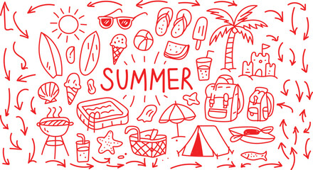 Hand-drawn summer doodles featuring beach fun. A vibrant doodle illustration of various essential summer vacation elements and leisure activities. This image is a cheerful and comprehensive doodle ill © Mithun