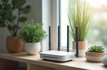 Compact white Wi-Fi router with antennas sits on shelf with potted plants. Modern home network device provides wireless internet access for house or office. Connectivity tech for digital life.