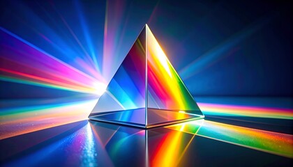A glass prism refracts light, creating a vivid spectrum of colors across a dark backdrop