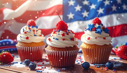 Patriotic cupcakes with red, white, and blue sprinkles sit before an American flag backdrop