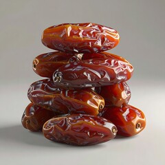 Pile of glossy, brown dates stacked on a neutral surface in studio lighting, close-up food photography