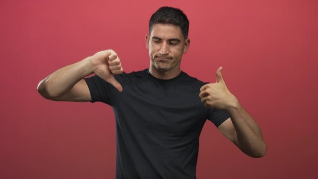 Young hispanic man giving thumbs up and thumbs down in a red studio wall setting; indecision doubt.