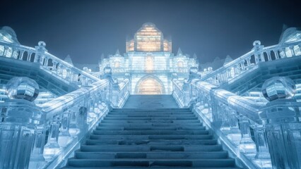 Grand ice palace with majestic frozen staircase, intricate details illuminated against dark night sky. Ice palace architecture features stunning translucent walls,
