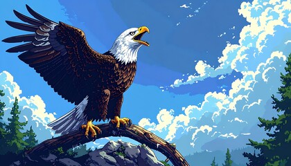 Pixel art Bald eagle perched on a branch against a mountain backdrop and cloudy sky