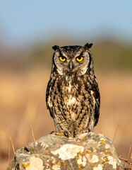 Owl perched atop a weathered stone, staring with bright yellow eyes against a blurred field under a blue sky