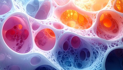 A glowing 3d rendered illustration of an abstract blue fractal background features microscopic cell patterns and biology textures resembling virus energy and electricity under a microscope