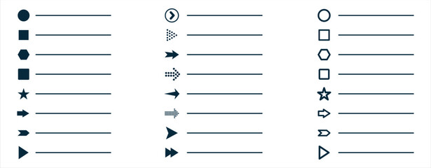 Bullet points. List icon set with geometric shapes, arrows, stars, hearts. Minimal user interface elements for apps, websites, infographics, UI UX design, web development presentations.