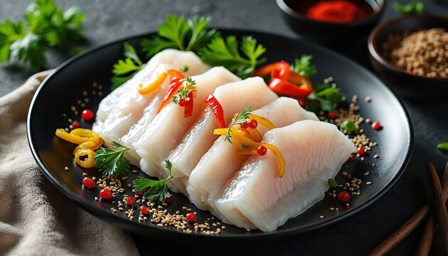 Raw white fish slices presented elegantly on black plate. Garnished with peppers, herbs, and seeds. Served with dipping sauce and chopsticks, ready for dining.