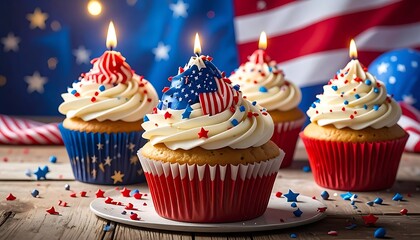 Patriotism cupcakes with white frosting and flag accents, against a flag backdrop, evoke celebration