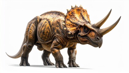 A realistic model of a Triceratops dinosaur with three facial horns and large bony frill, brown-orange textured skin.