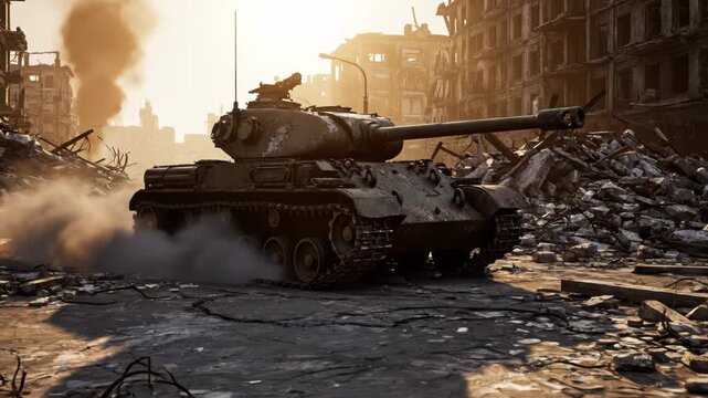 Tank Moving Through War Torn City Street.