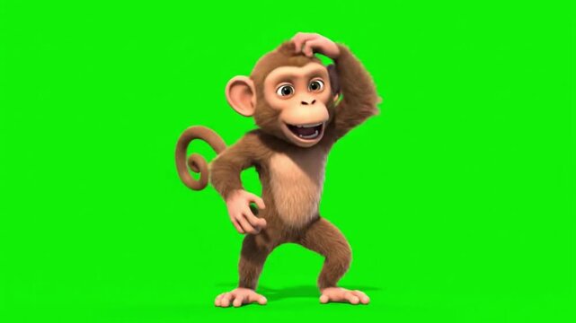 A cartoon monkey with brown fur and a curly tail stands facing forward with its hands in a curious and slightly hesitant pose on a green screen.
