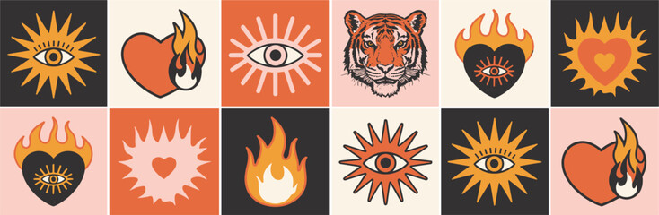 Collage of mystical symbols, tiger, and flaming hearts in warm tones rays flame