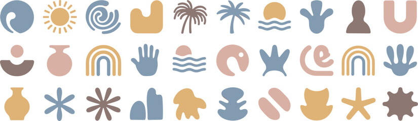 Collection of abstract organic shapes and symbols in muted colors form