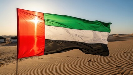 Waving UAE flag against brilliant sun, set in expansive golden desert landscape. Iconic UAE flag proudly symbolizes nation's heritage and spirit, vast dunes stretching under clear sky.