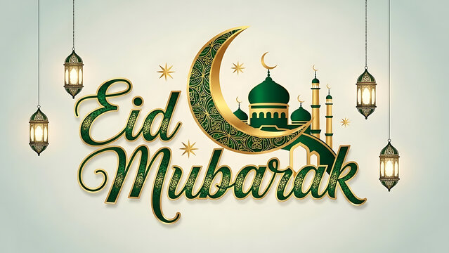 Eid Mubarak text with crescent moon and mosque islam