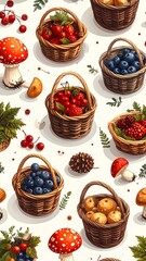 Pattern featuring berries, mushrooms, & small baskets on a cream background. Charming autumnal natural theme