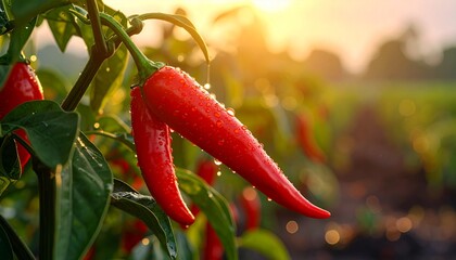 Close-up of ripe red chili peppers hanging from a green plant, covered in water droplets, with sunlight streaming in.