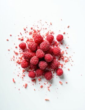 Heap of freeze-dried raspberries scattered on white surface. Small red pieces crumble around whole berries. Fruit for healthy snack or dessert ingredient.