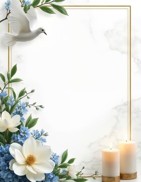 White dove flies near blooming flowers, lit candles and golden frame. Marble background for funeral or memorial invitation. Condolence card design with floral.