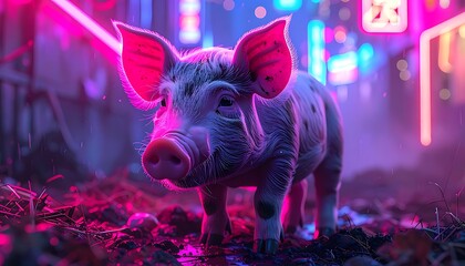 Pink piglet stands in neon-lit urban environment, amidst mud and grass, gazing directly at the viewer