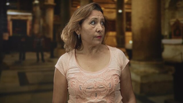 Woman finger to lips for silence in building filled with ornate chapel pillars and flickering candles on polished marble floor; hush.