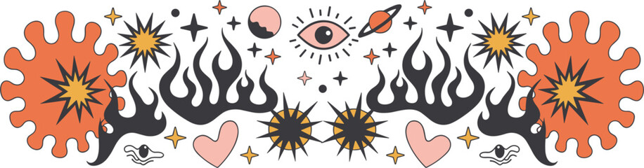 Psychedelic Abstract Border with Flames, Stars, and Hearts wavy organic