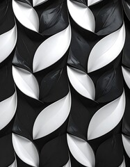 Pattern of alternating black and white leaves angled in a textured, rhythmic design, creating depth and dimensionality