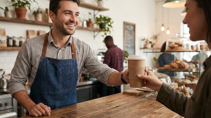 A cheerful barista in a cozy caf&eacute; handing over a cup of coffee to a customer at the counter