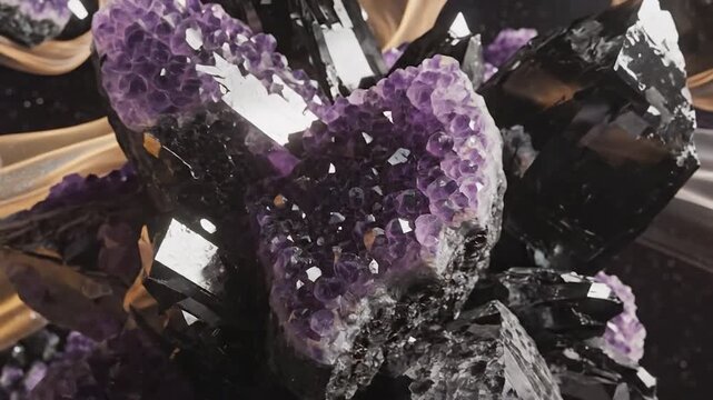 Amethyst geode and black crystal formation in abstract design