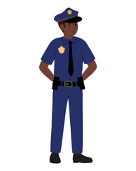 Black police officer in blue uniform with badge on his shirt Standing hands on hips. Flat vector illustration.