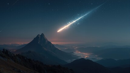 Stunning meteor shower over mountainous landscape under starry night sky with glowing trails and vast horizon