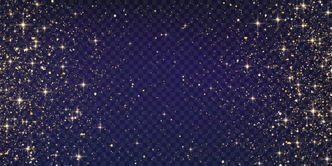 Fototapeta premium Glitter gold particles shine effect on png background. Vector gold glitter particles effect and texture. Stardust amber particles color on transparent background. Golden explosion of confetti.