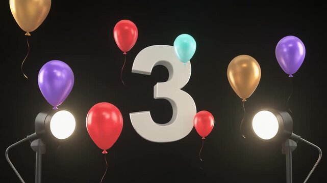 Number 3 in the spotlights with balloons in the background. Festive scene for birthday or anniversary party