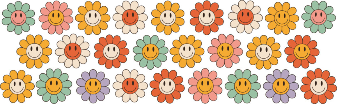 Retro Groovy Flower Smileys Pattern Seamless Background face