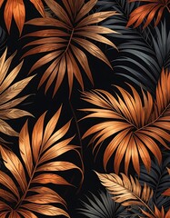 Pattern of dark bronze & dark grey palm leaves fills the frame with deep shadows on a black background