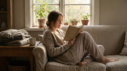 A person reading a book comfortably on a cozy couch by a sunny window with potted plants and a warm blanket nearby.