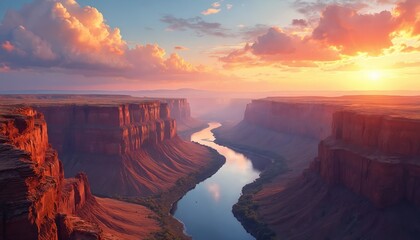 Fototapeta premium Vast canyon landscape at sunrise. Red rock formations flank winding river reflecting colorful clouds in sky. Sunlight illuminates terrain, creating dramatic shadows, gradient hues, evoking nature