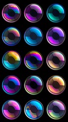 Pattern of fifteen vibrant, circular, iridescent buttons on black, featuring a segmented center detail