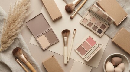 Aesthetic makeup palette arrangement with brushes and cosmetic tools on a neutral fabric background