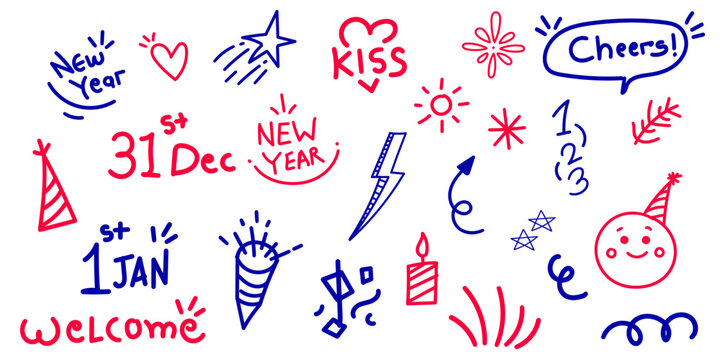 new year doddle, Hand Drawn doddle set, minimal new year decoration design set, happy new year poster ,card ,post decorative design collection,  