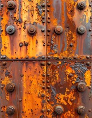 Oxidized metal plates fixed together by rivets and bolts create an industrial textured backdrop