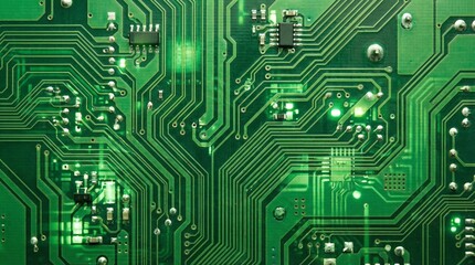 Close-up view of a complex green circuit board with illuminated components and intricate wiring patterns