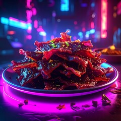 Pile of reddish crispy snacks on a plate with a vibrant, glowing neon cityscape as a blurred background