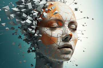 Human faces melt into surreal geometric shapes.