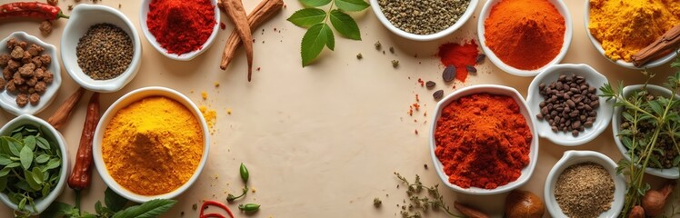 Various colorful spices, dried herbs in white bowls arranged on light beige background for culinary seasoning. Natural ingredients add rich flavor, aroma to food preparation. Essential components for