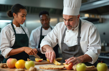 Expert chef instructs students in apple preparation for baking pastries. Diverse group learns fruit cutting techniques in professional restaurant kitchen. They practice slicing apples for pies, tarts.